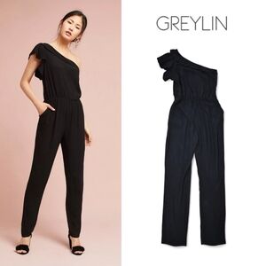 Greylin Ruffled One Shoulder Jumpsuit Black Size Medium